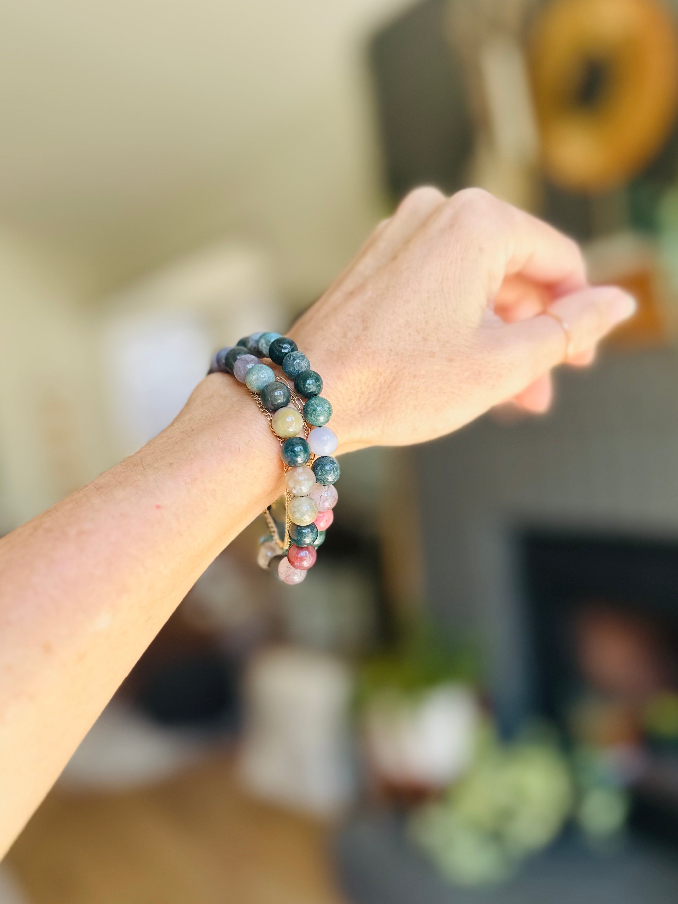 earthy Green beaded crystal bracelet for stability and growth