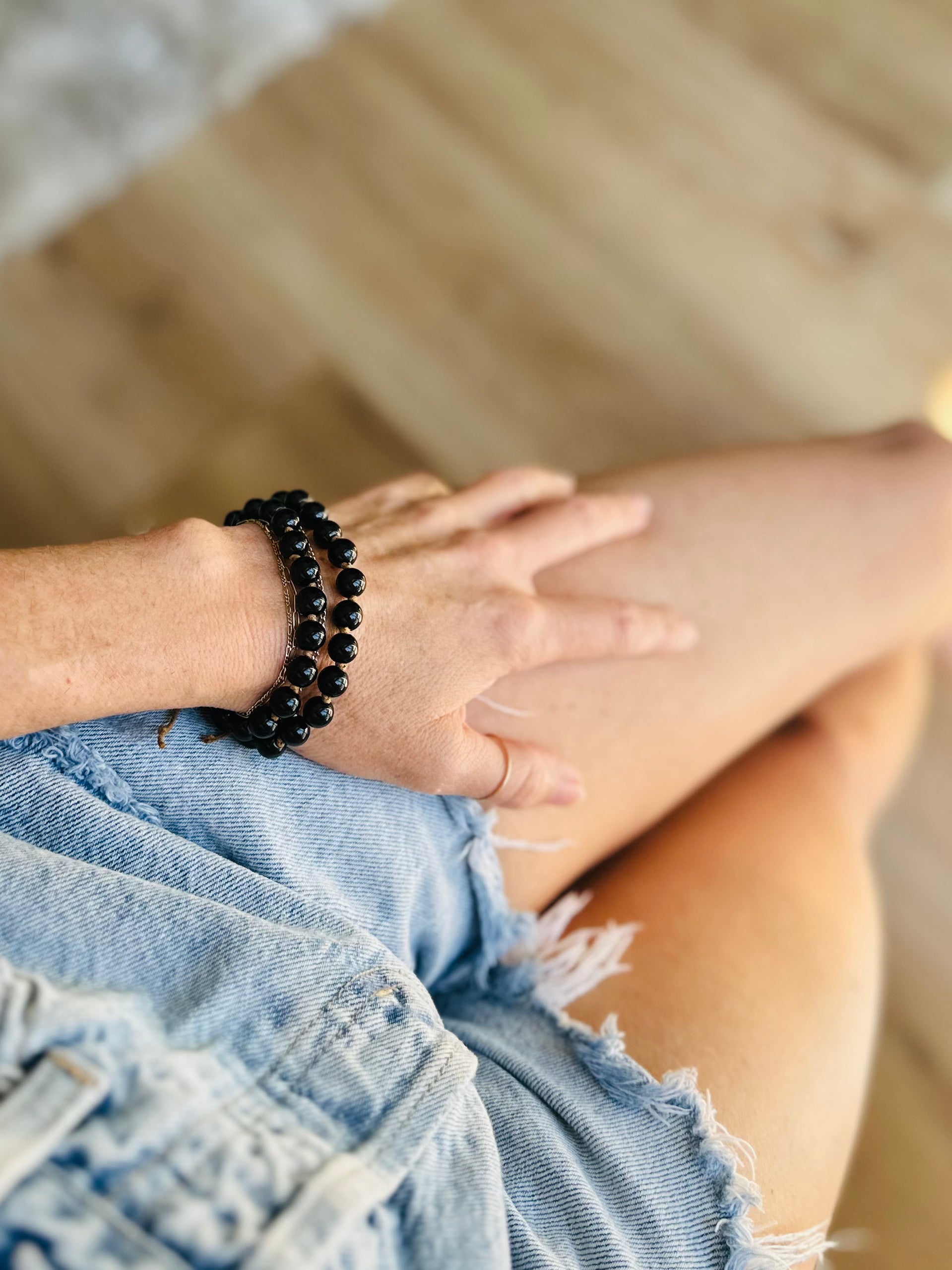 Obsidian Beaded Bracelet, known for its protective qualities, hand-knotted for durability, offering clarity and emotional balance