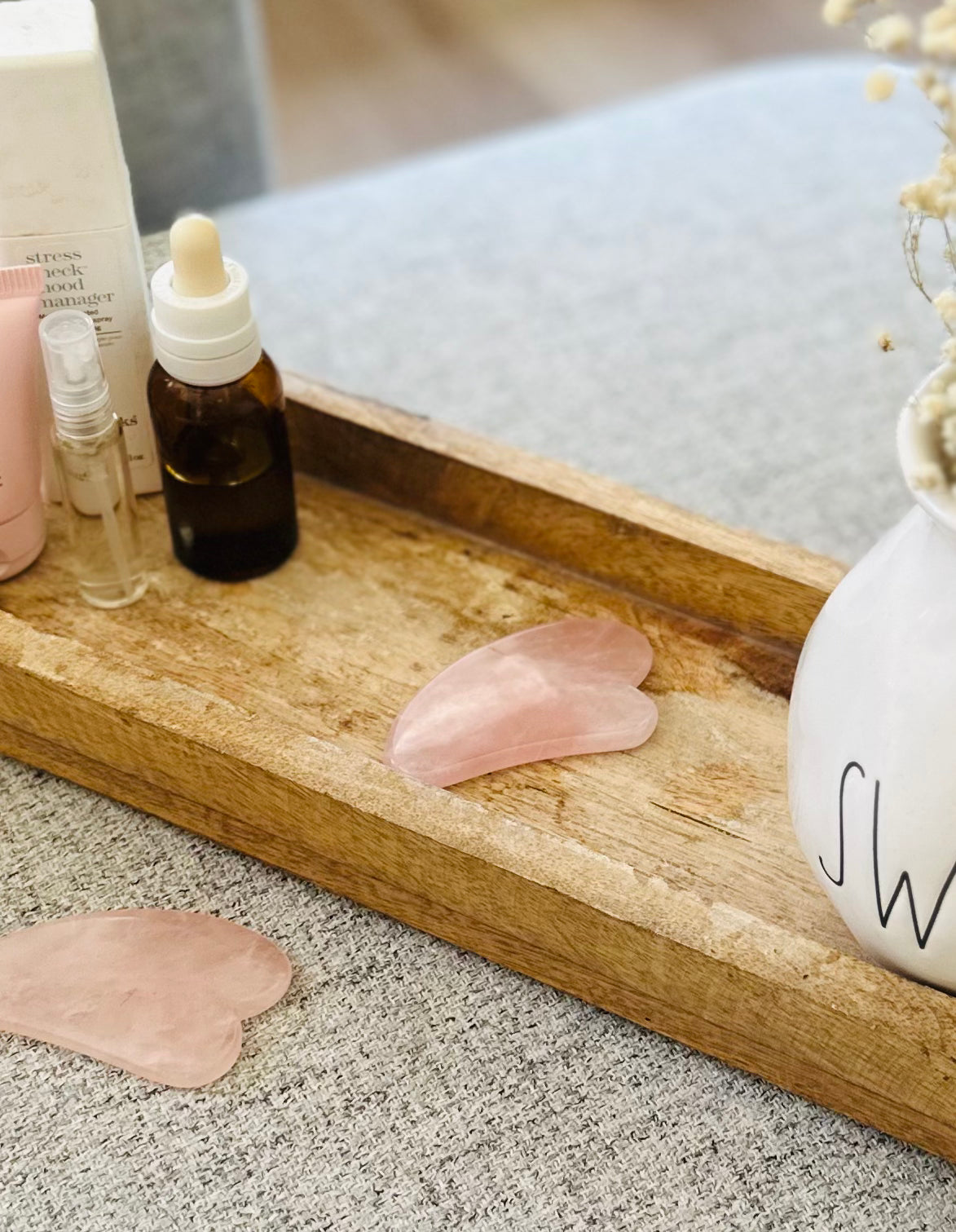 Rose Quartz Gua Sha for self-care, helps reduce puffiness and promote emotional healing, bringing a natural glow to your complexion