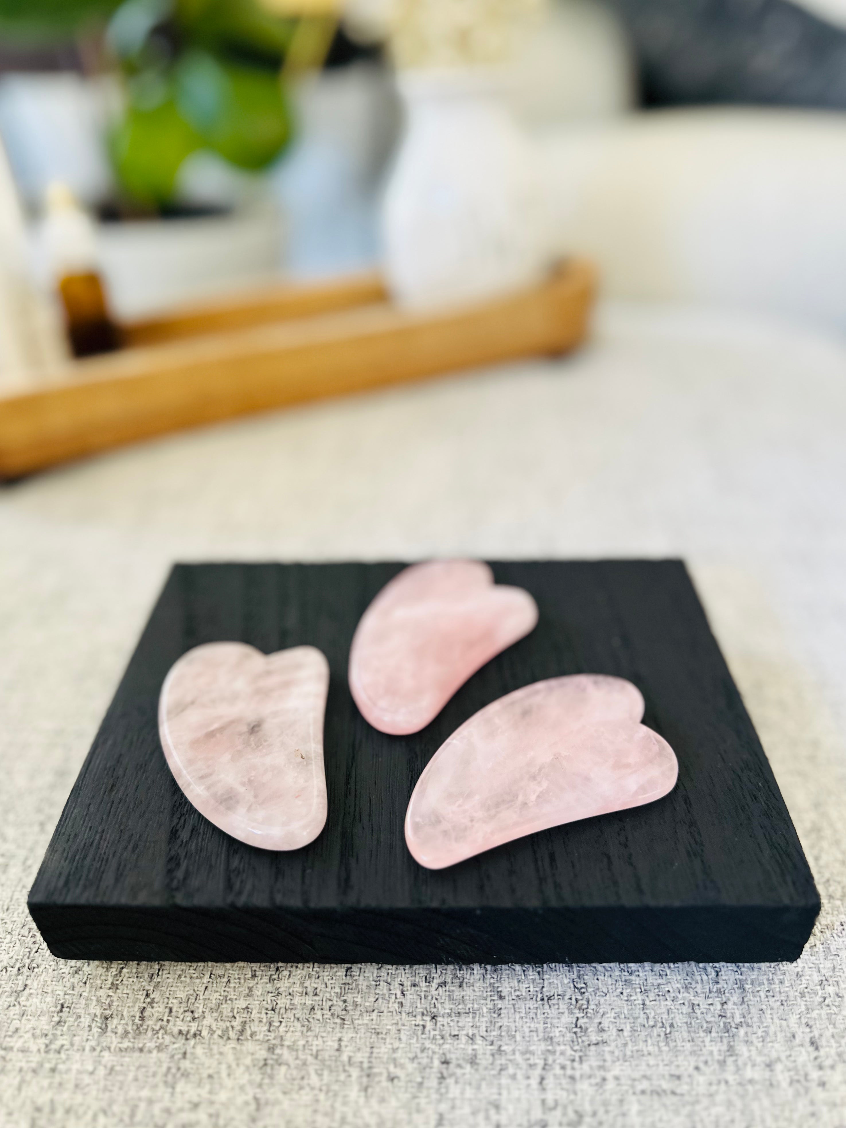 Luxurious Rose Quartz Gua Sha, known for its soothing and rejuvenating properties, ideal for lifting and toning the skin