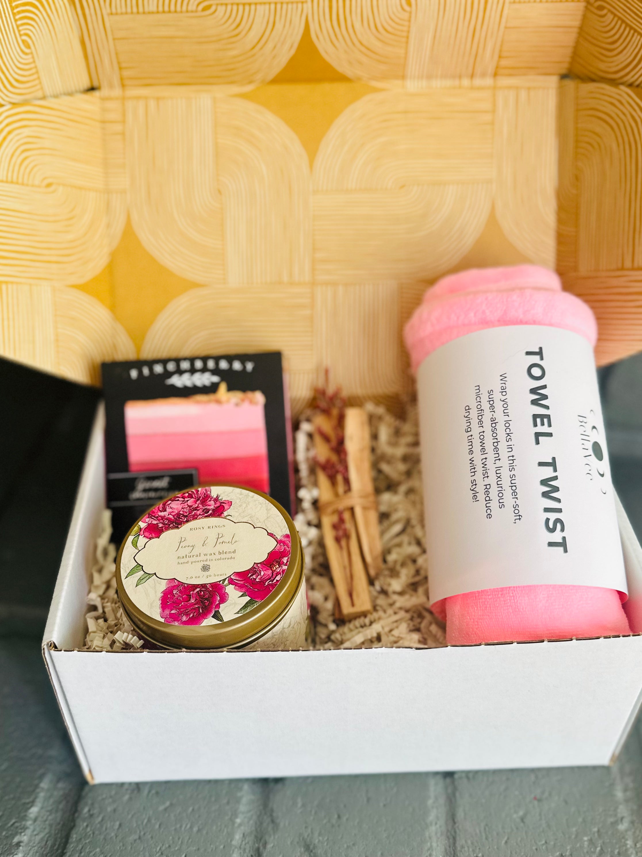 Pink Vibes Gift Box with Trina Towel Twist, Garnet body soap, Palo Santo bundle, and Peony & Pomelo candle for joyful self-care