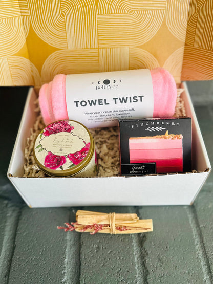 Pink Vibes Gift Box includes Trina Towel Twist, Garnet soap, Palo Santo, and Peony &amp; Pomelo candle for vibrant self-care energy