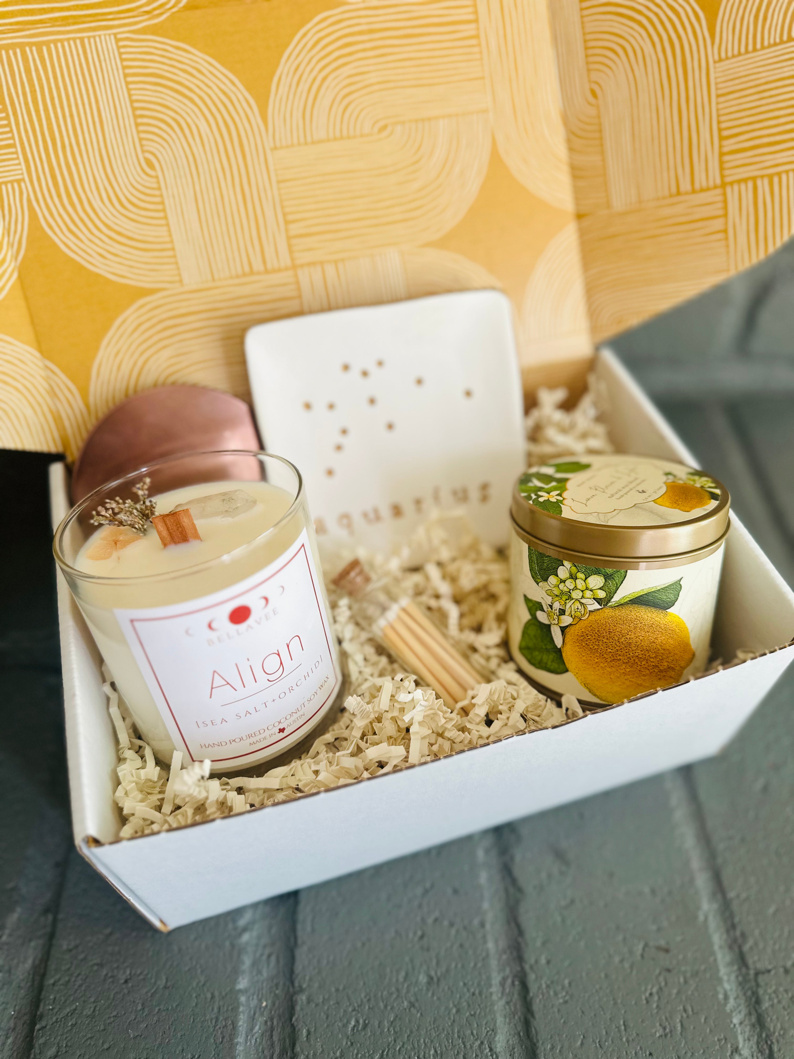 Cosmic Serenity Gift Box: Elevate your self-care with Align Candle, Lemon Blossom Tin, zodiac dish, and matches for positive vibes