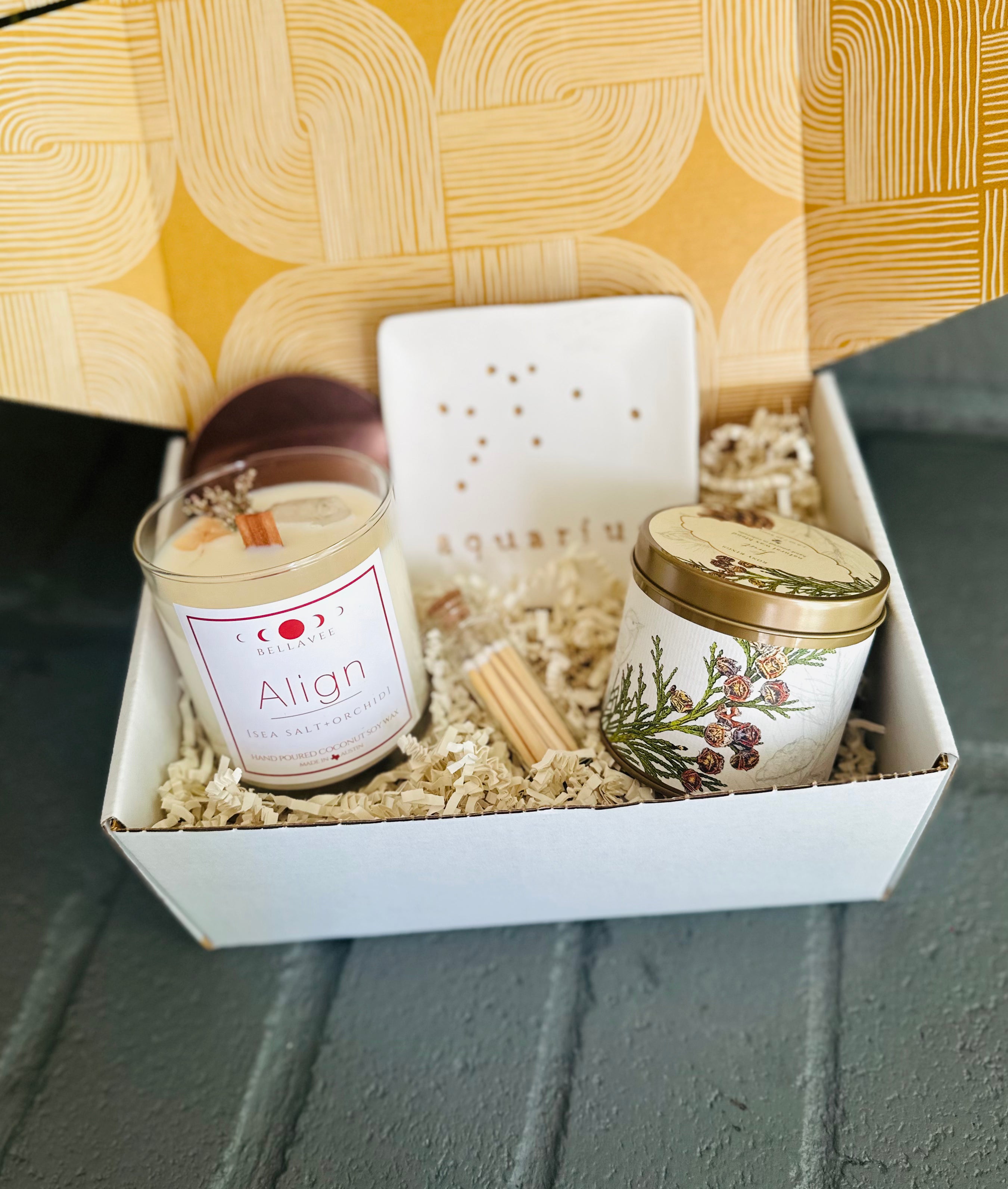 forest zen gift box set with align crystal candle, forest tin candle, matches, and ceramic dish, beautifully packaged for gifting