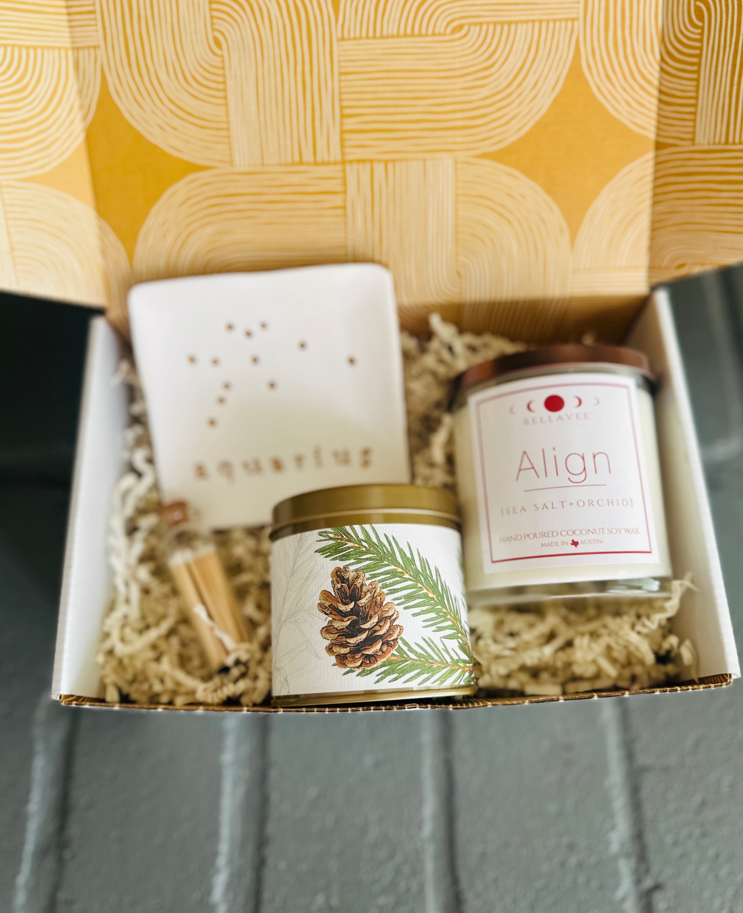 forest zen gift box with align crystal candle, forest tin candle, zodiac dish, and matches, perfect for relaxation and mindfulness