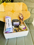 Purple Bliss Gift Box with a calming towel twist, Amethyst soap, and soothing Palo Santo bundle, perfect for self-care and relaxation