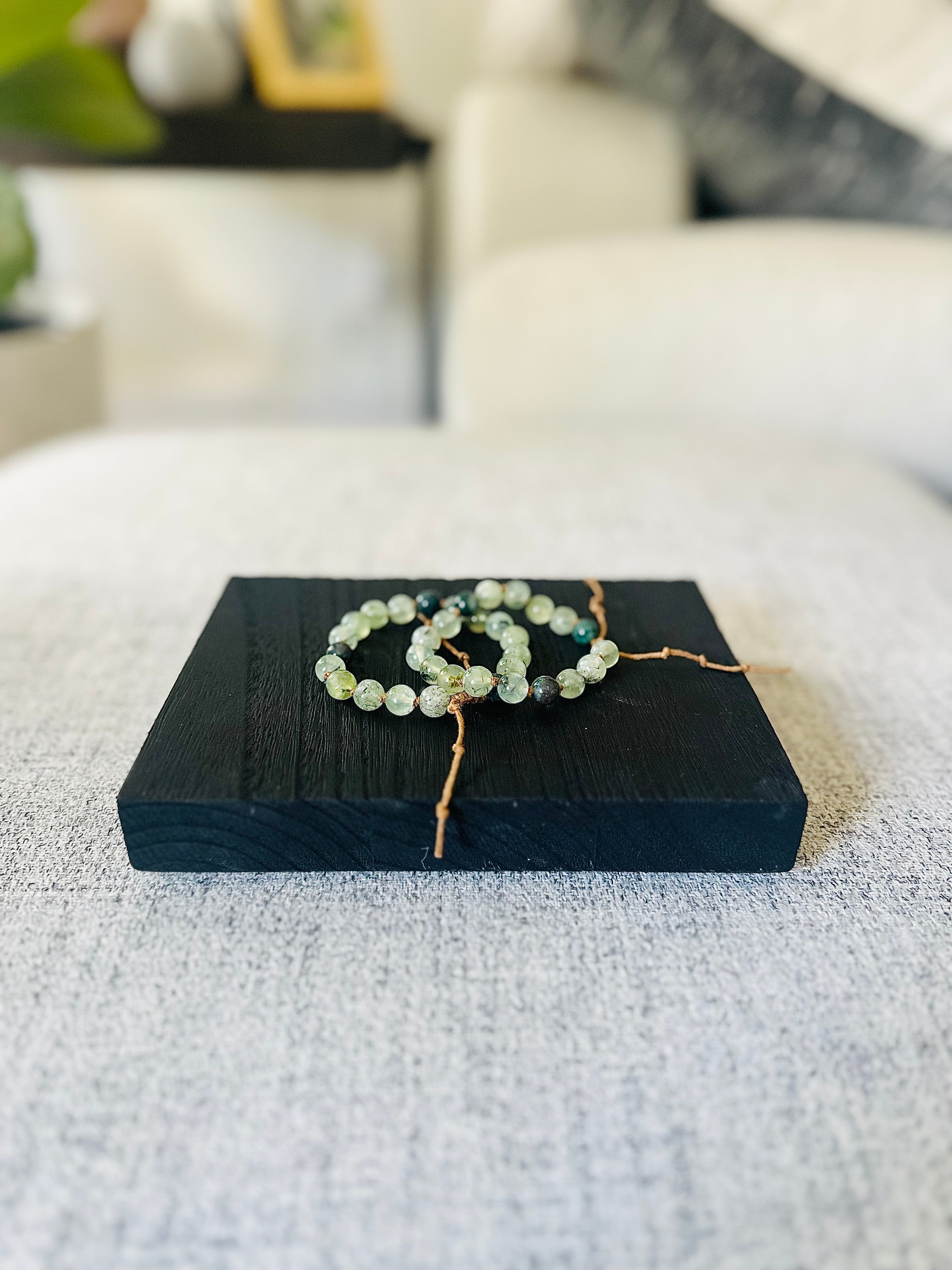 Moss Agate & Prehnite Mala Bracelet, hand-knotted, promotes balance, emotional healing, and spiritual growth with calming energies