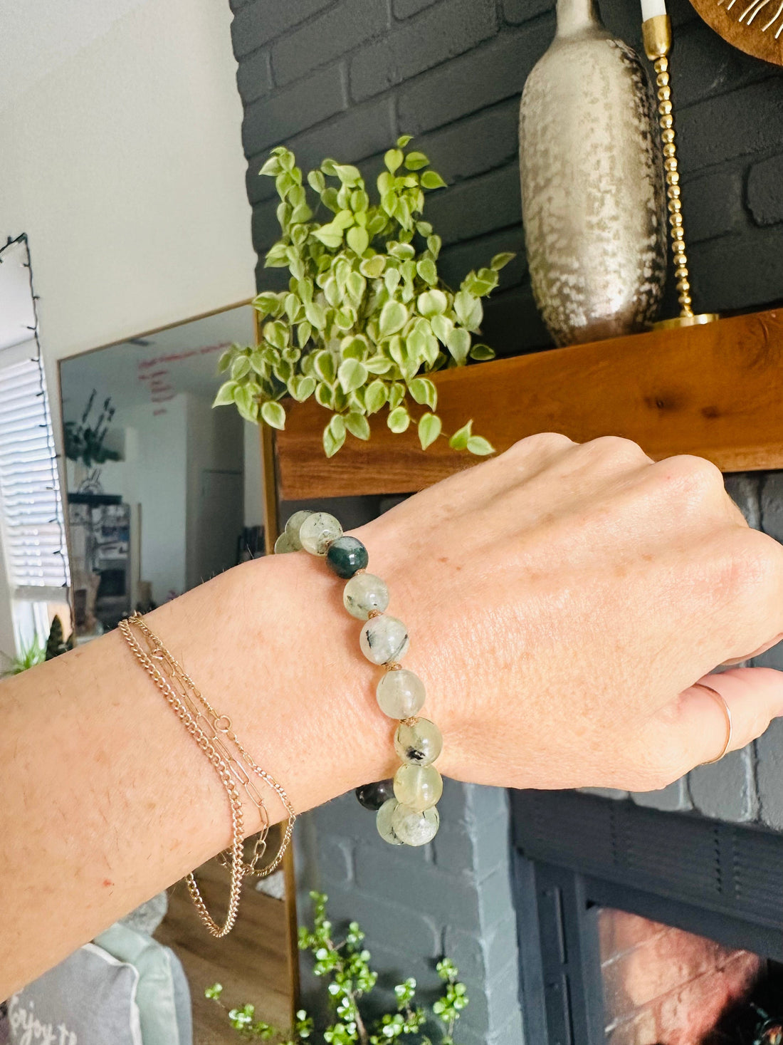 Moss Agate &amp; Prehnite Mala Bracelet, enhances intuition and promotes grounding, perfect for meditation or everyday wear