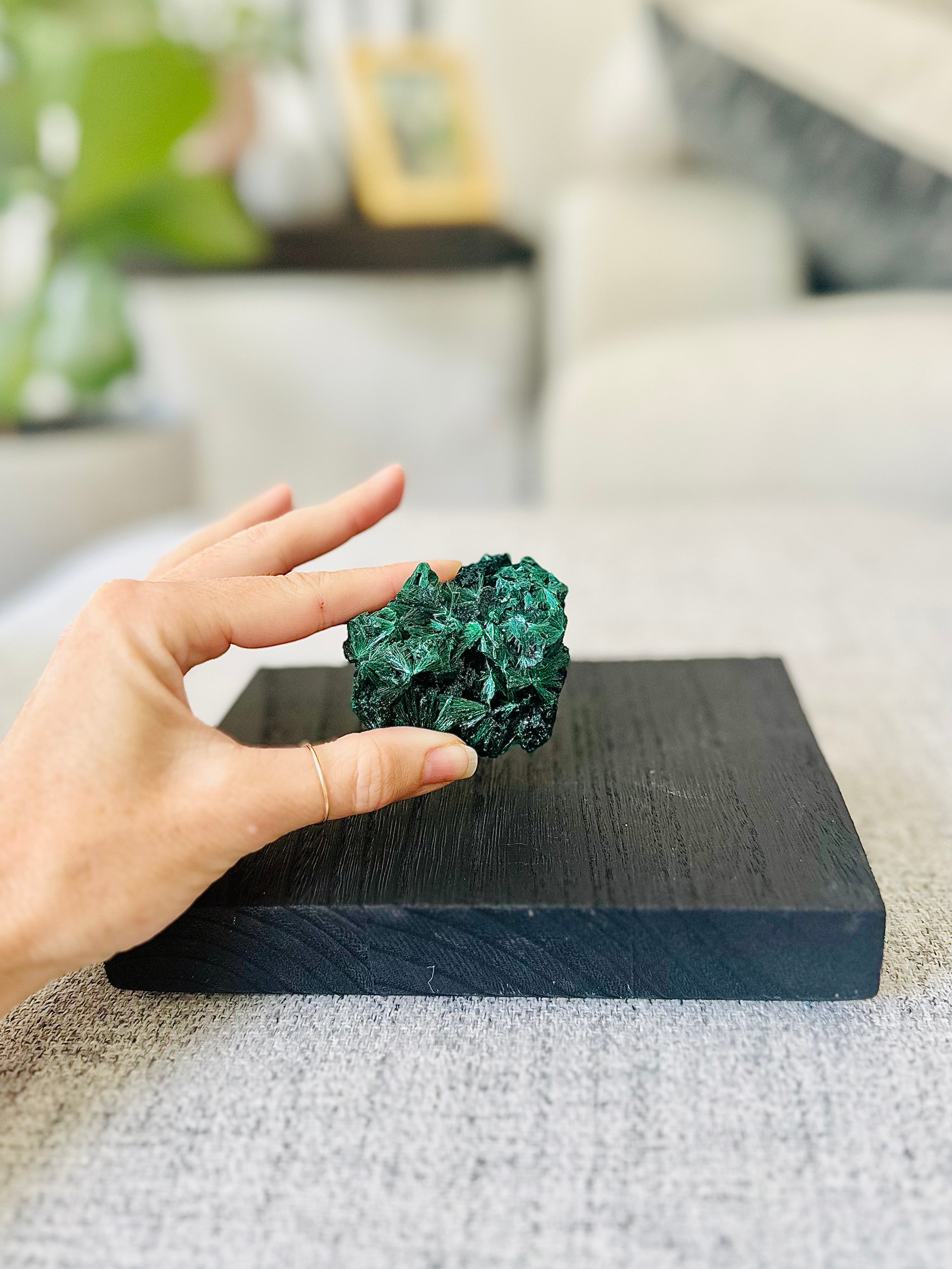 Held Raw Malachite reveals vibrant green hues, amplifying energy and symbolizing transformation and healing