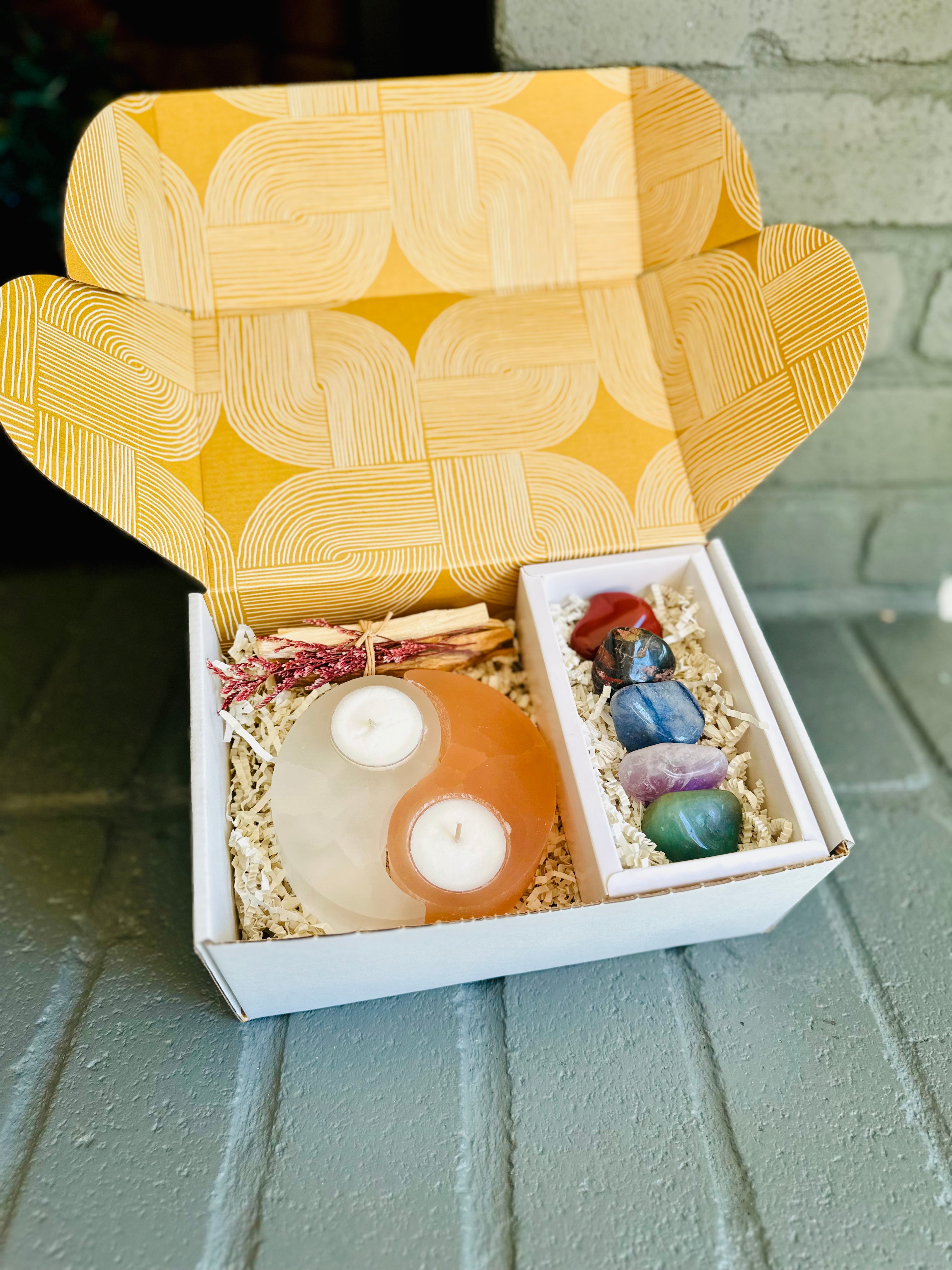 Harmony and Balance Gift Box with Yin and Yang Selenite tealight holder, Palo Santo bundle, healing crystal tumbles, and Selenite wand for peace and positivity