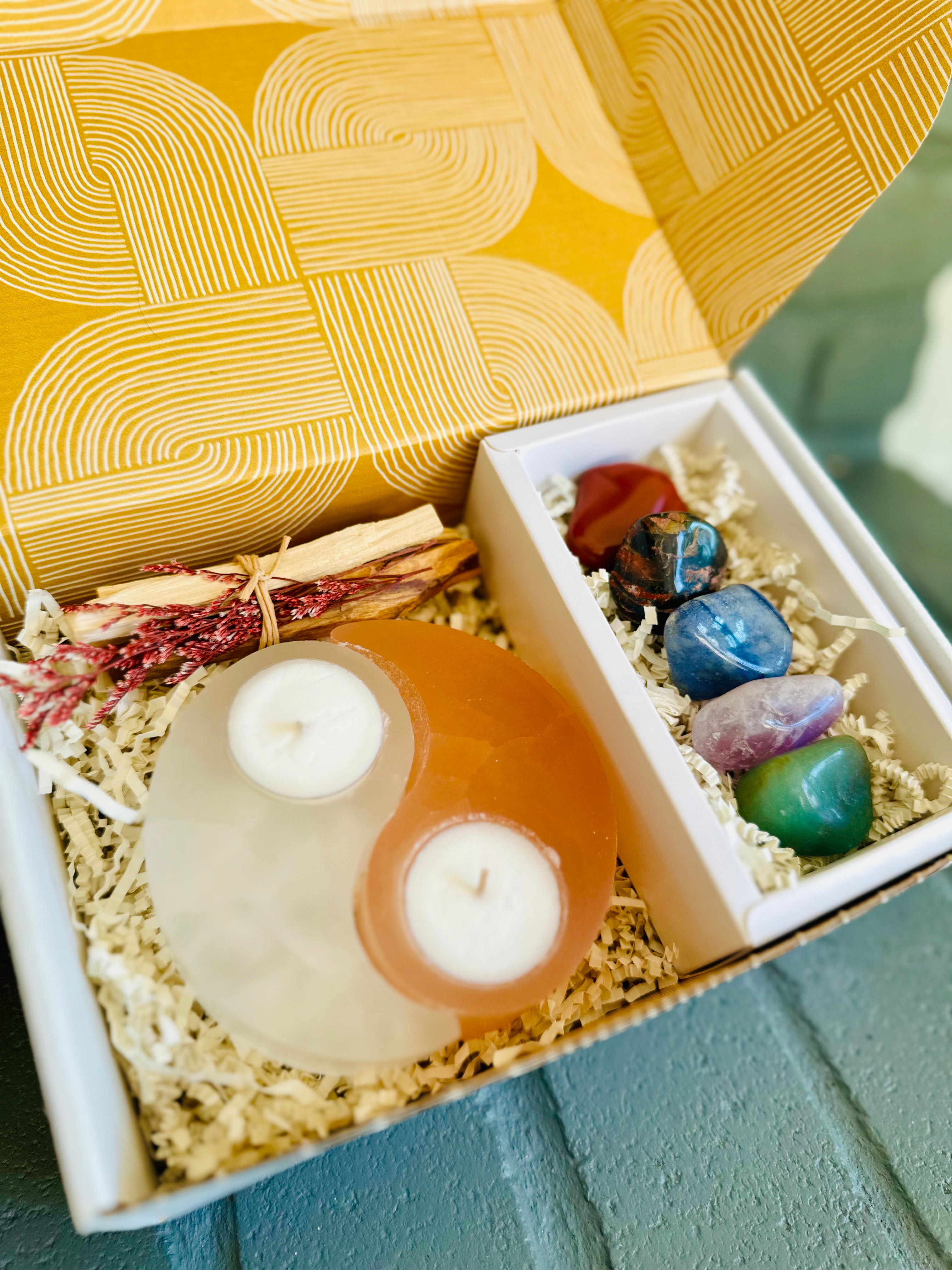 Harmony and Balance Gift Box, featuring a Selenite candleholder, Palo Santo, healing crystals, and Selenite wand, perfect for fostering peace and protection