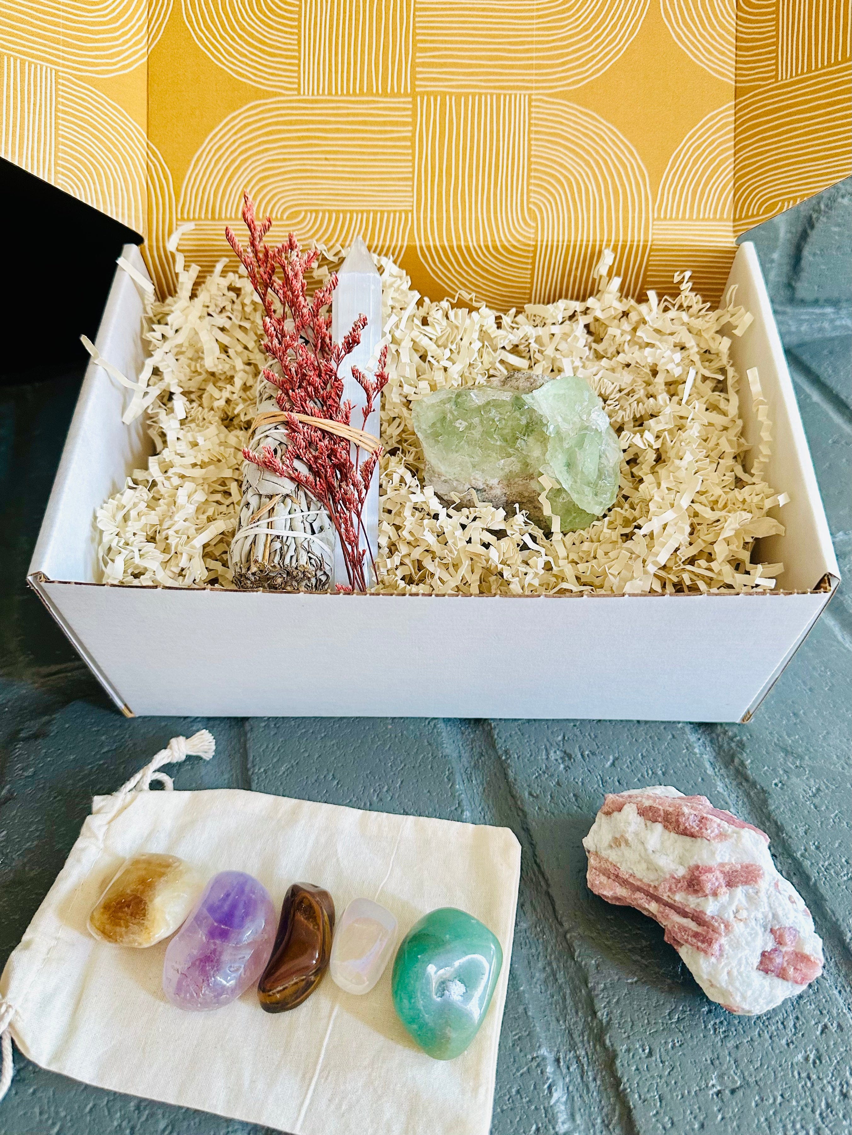 Radiant Energy Gift Box includes crystals like Citrine, Amethyst, and Tiger Eye for abundance, calm, and confidence, perfect for self-care rituals