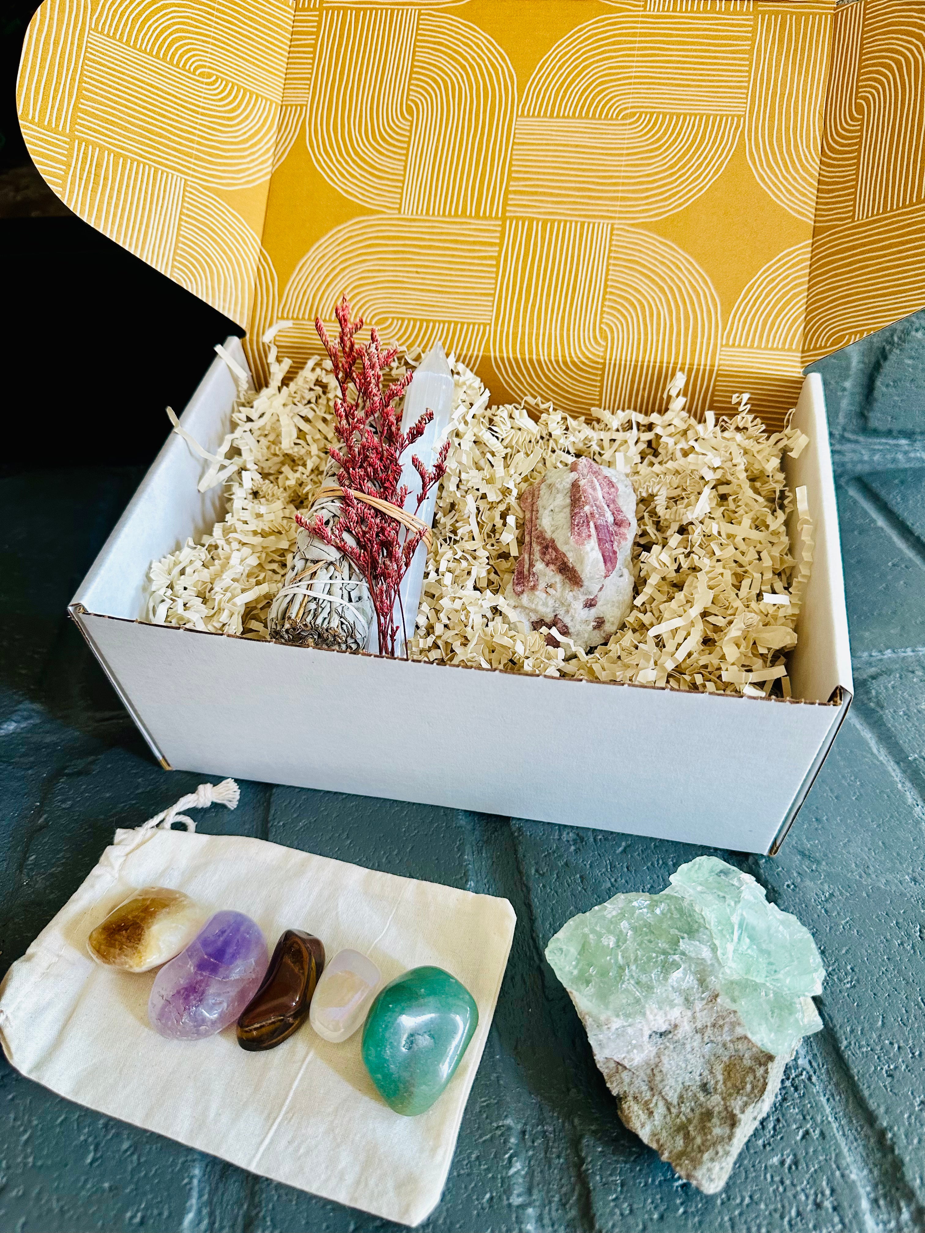 Radiant Energy Gift Box with colorful Citrine, Amethyst, Tiger Eye, Aura Rose Quartz, and Green Aventurine for positivity and healing