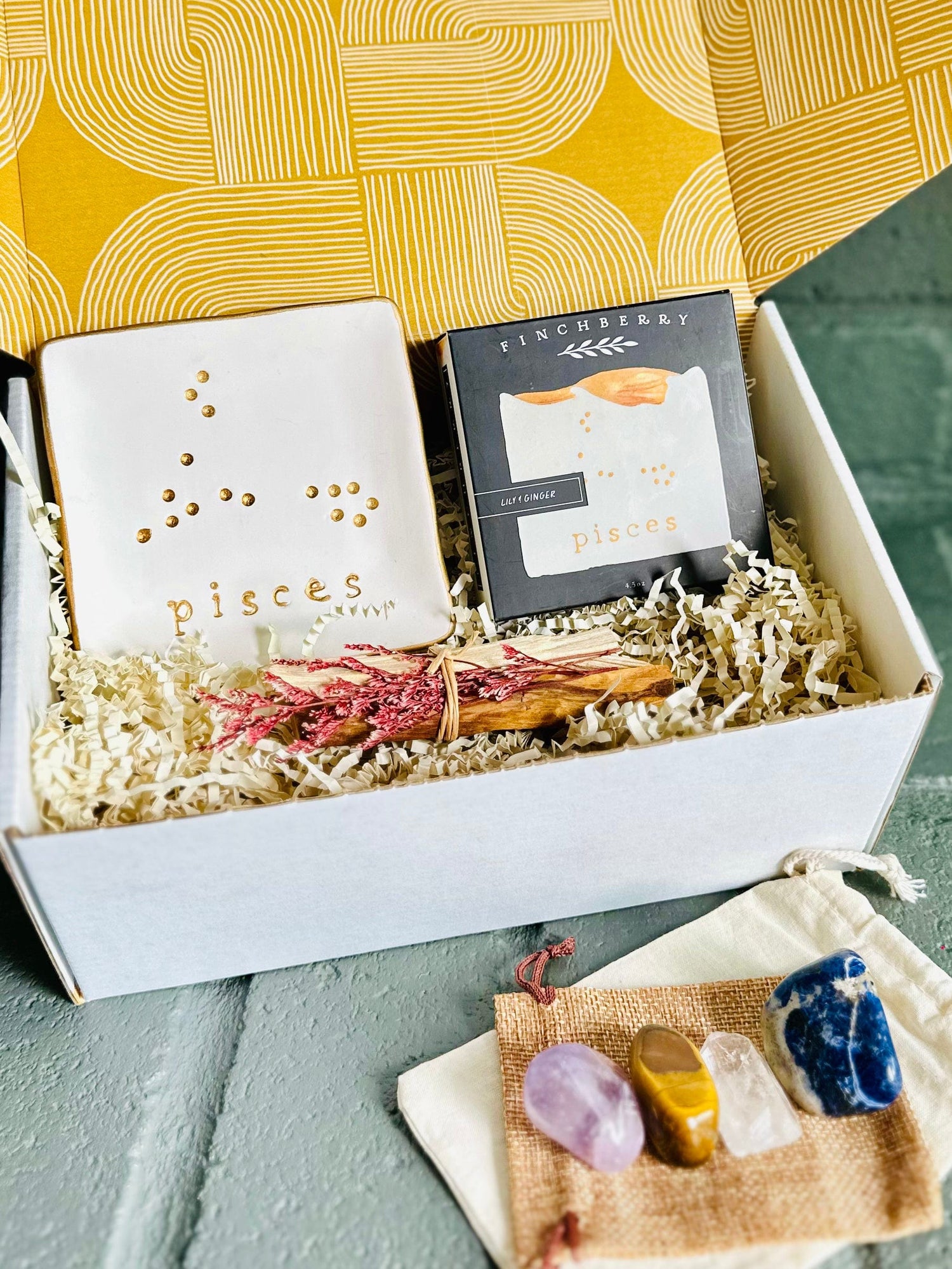 Pisces Zodiac Gift Box with ceramic dish, soap, Palo Santo, and crystals for intuitive self-care.