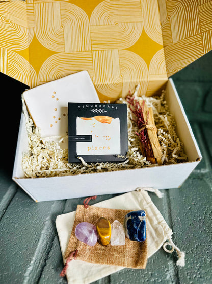 Pisces vegan soap and ceramic dish set, with Palo Santo bundle and crystals for pisces energy.