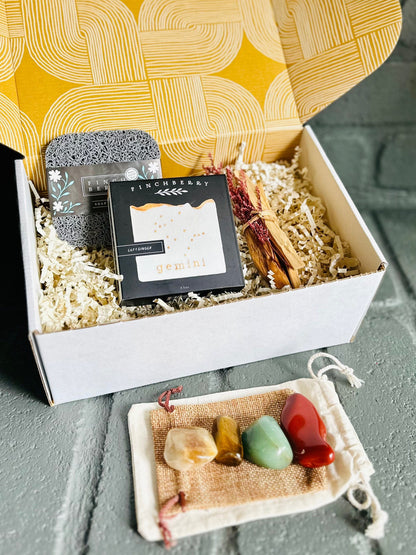 Gemini gift box with handmade soap and soap saver, Palo Santo bundle, and tumbled stones for Gemini and astrology lovers.
