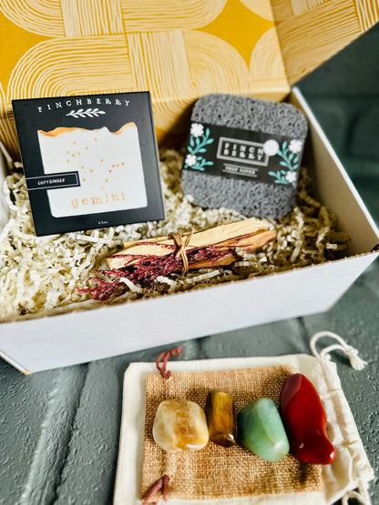 Gemini zodiac gift boxes, crystals, handmade soap, and self-care tools for thoughtful connection.