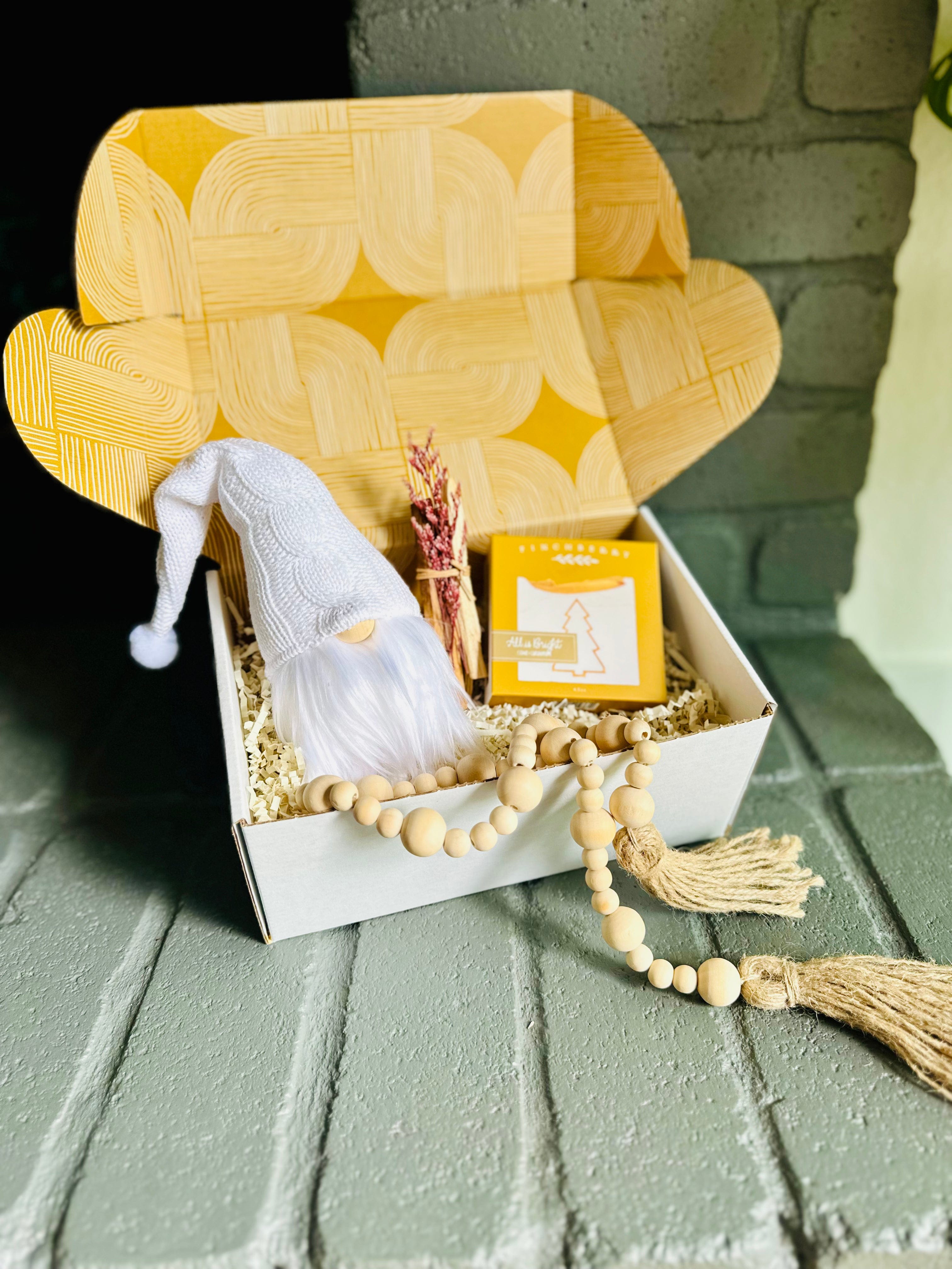 Winter White Gift Box – includes a holiday gnome, Palo Santo bundle, body soap, and beaded strand for festive seasonal charm