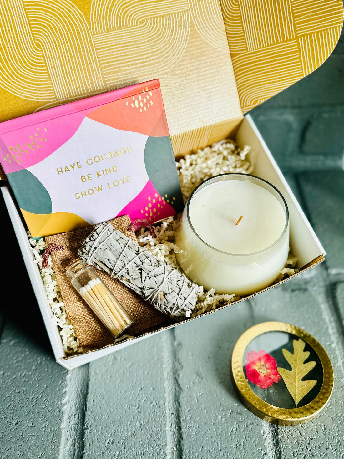 Cozy moments gift box with candle, notepad and pen, sage bundle and matches set for relaxation rituals.