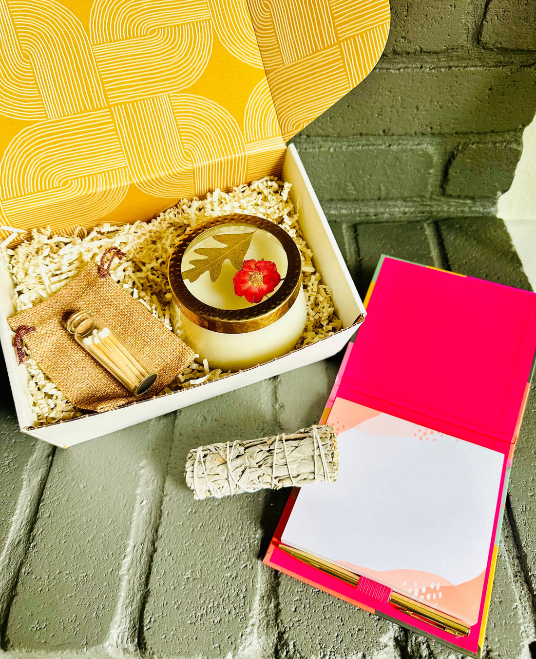 Scented candle included in cozy moments gift box for calming ambiance