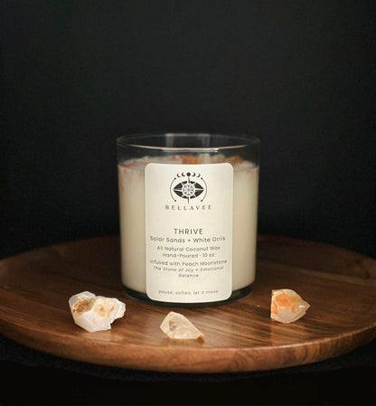 BellaVee Thrive crystal candle peach moonstone solar sands non-toxic coconut wax hand-poured Austin Texas