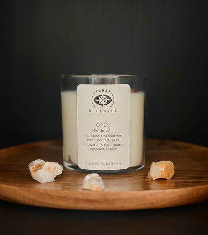 BellaVee Open crystal candle rose quartz white tea palo santo non-toxic coconut wax hand-poured Austin Texas