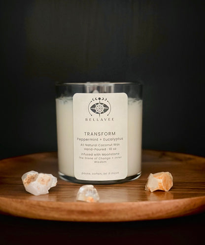 BellaVee Transform crystal candle moonstone non-toxic coconut wax hand-poured Austin Texas
