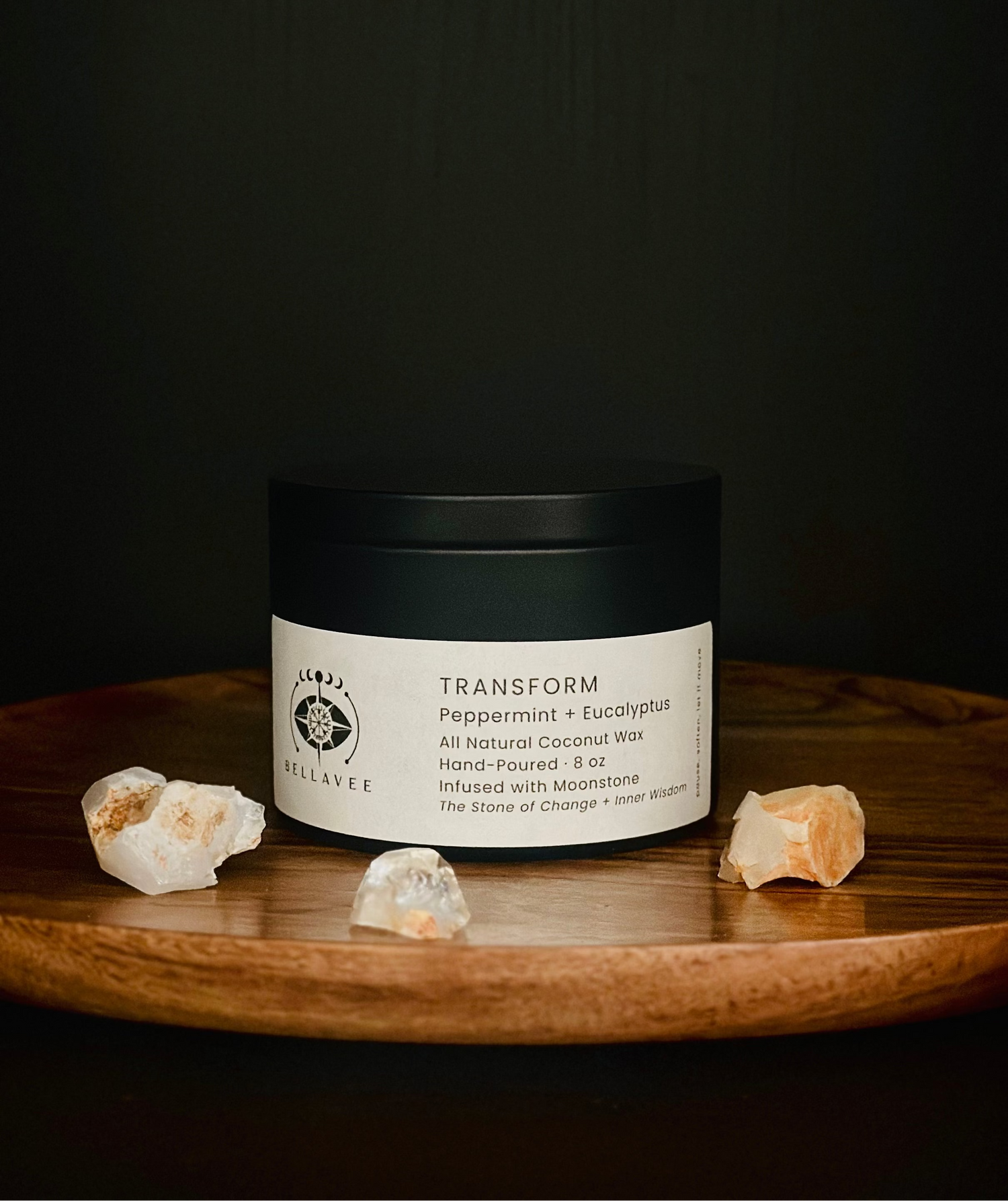 Transform Moonstone crystal ritual candle tin in a metal tin with natural styling.