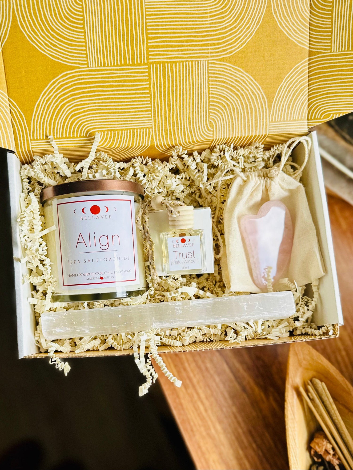 Luxury gift box with our best selling candle, Align, clear quartz candle. With a mini car diffuser and guasha tool in rose quartz for self-care.