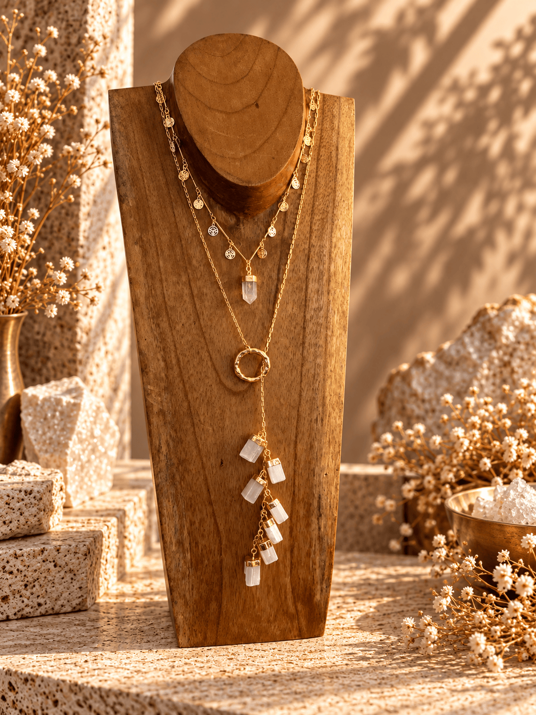 Seven-stone Selenite drop necklace layered with crystal necklaces on wooden jewelry display