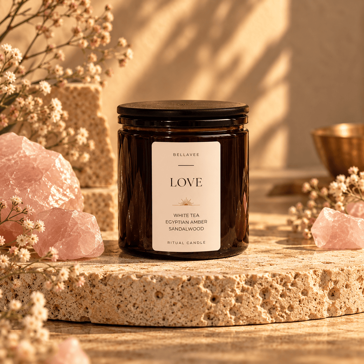 LOVE Rose Quartz crystal ritual candle in amber glass with wooden lid – White Tea, Egyptian Amber &amp; Sandalwood