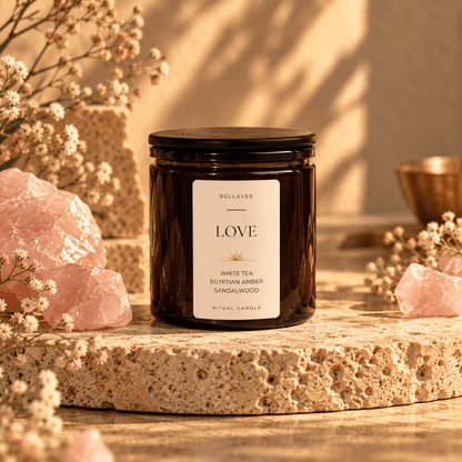 LOVE Rose Quartz crystal ritual candle in amber glass with wooden lid – White Tea, Egyptian Amber &amp; Sandalwood