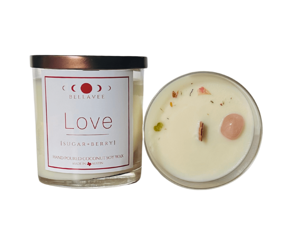 Love - Rose Quartz Crystal Candle with wooden wick, dried flowers, and essential oils, promoting love and serenity with raspberry notes