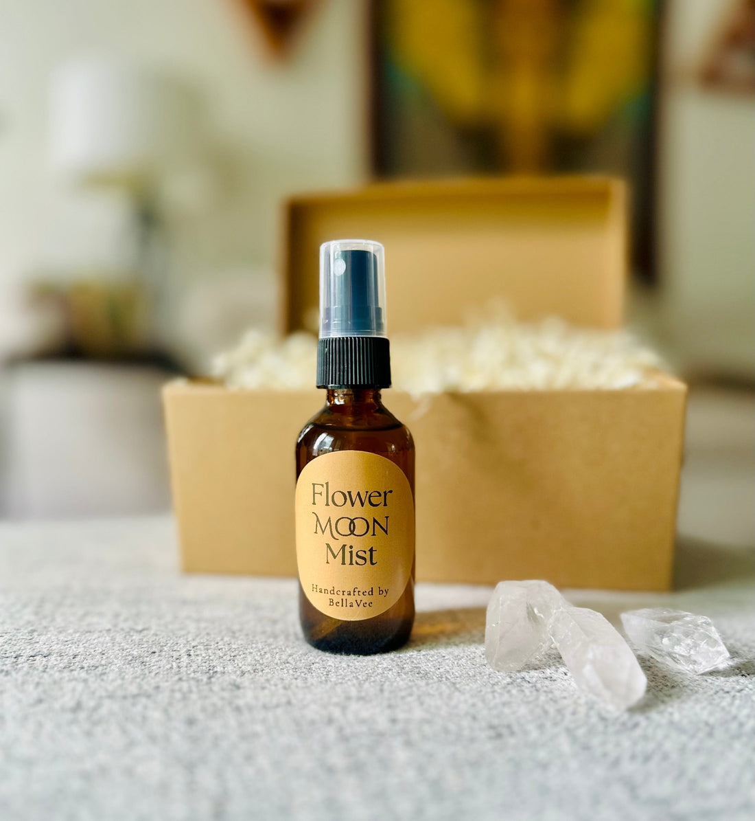 Close-up of essential oil mist bottle with spray top and custom label