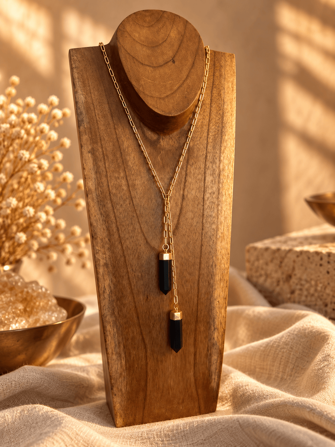 Two-stone Obsidian lariat necklace with crystal point drops on gold chain