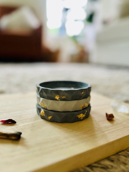 Side view of cement catchall showing texture, color variation and depth