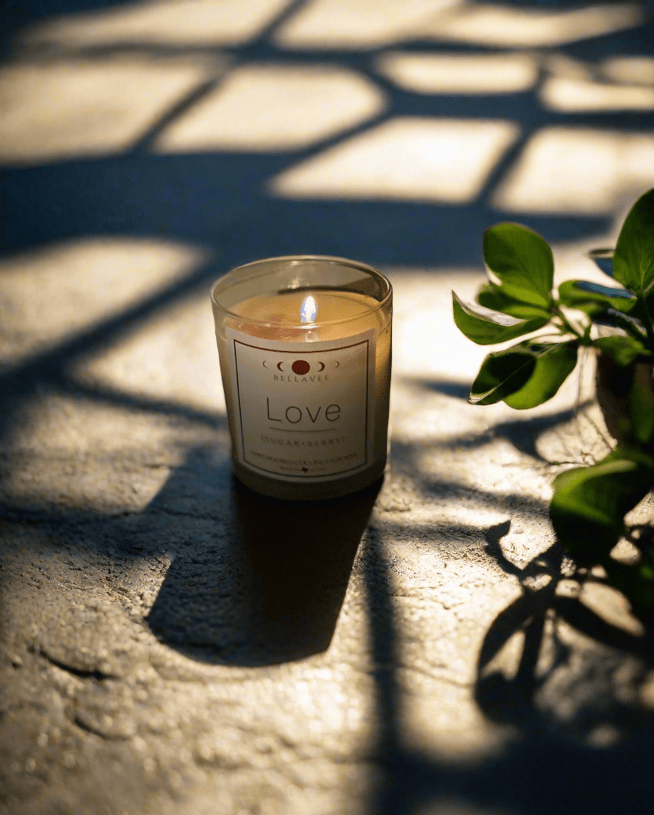 Love - All Natural Crystal Candle with Rose Quartz, wooden wick, and a delicate blend of raspberry and black currant for relaxation and positivity