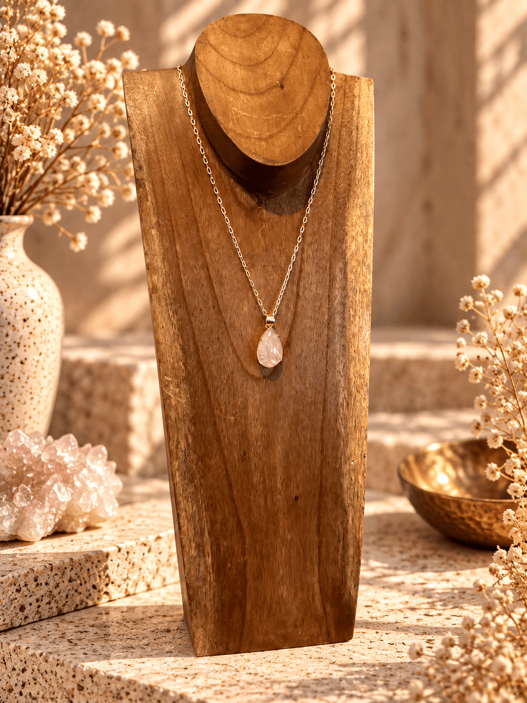 Rose Quartz teardrop pendant necklace on adjustable gold chain displayed on wooden jewelry stand