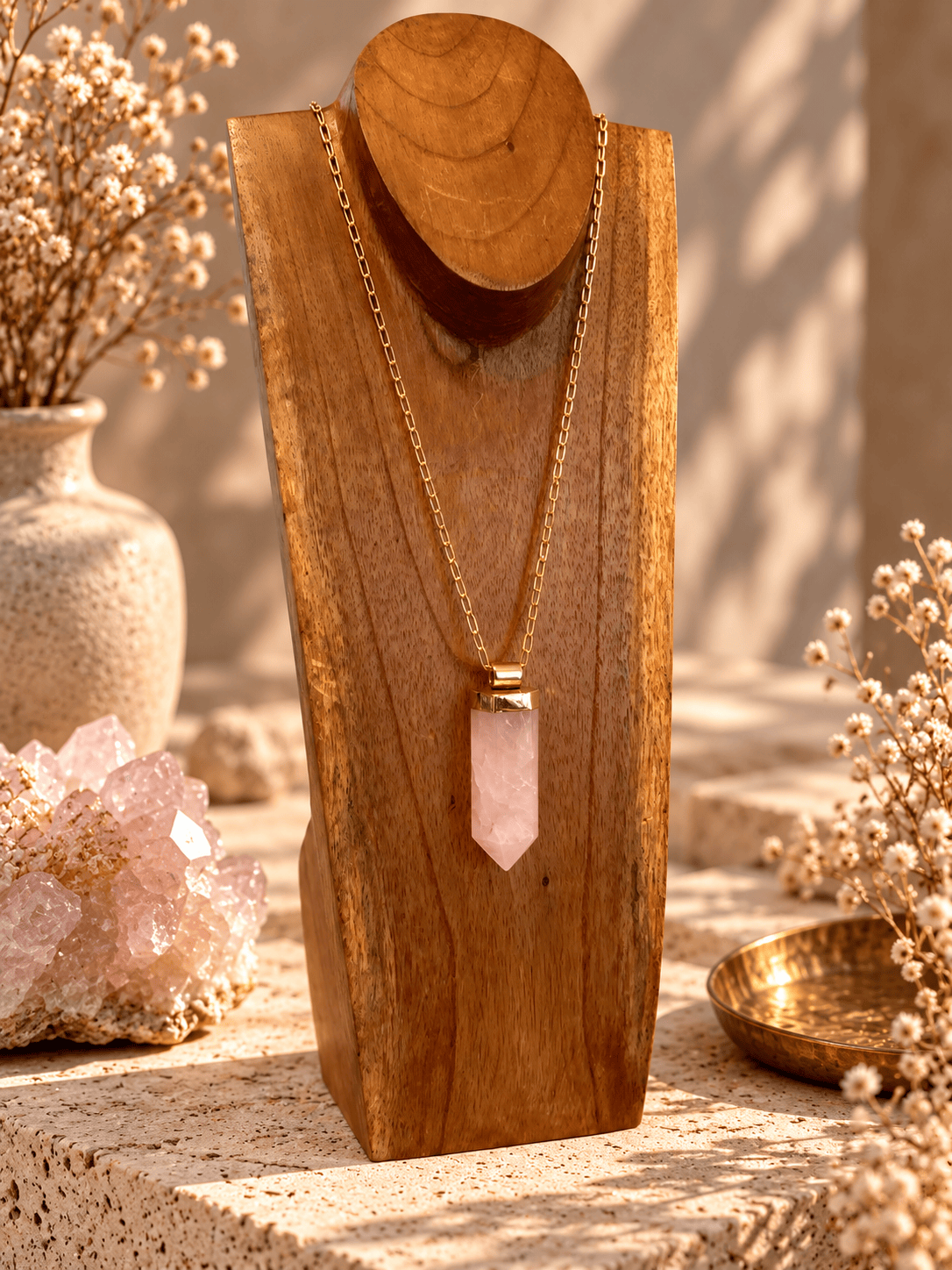 Large Rose Quartz crystal pendant necklace on adjustable gold open-link chain displayed on wooden jewelry 