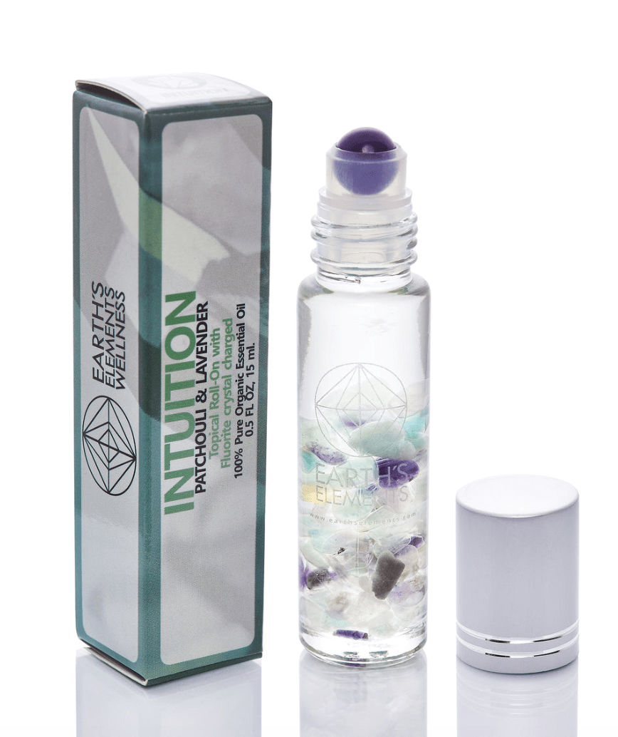Intuition Essential Oil Roll-on with Patchouli, Lavender, and Fluorite gemstones, designed to promote meditation, clarity, and higher awareness