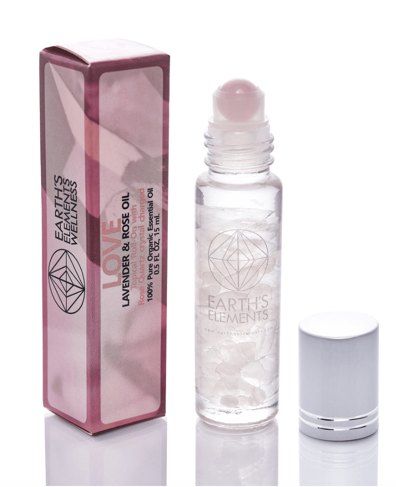 Love Essential Oil Roll-On with Lavender, Rose, and Jojoba oils, infused with Rose Quartz, promotes self-love and positivity with a soothing floral aroma