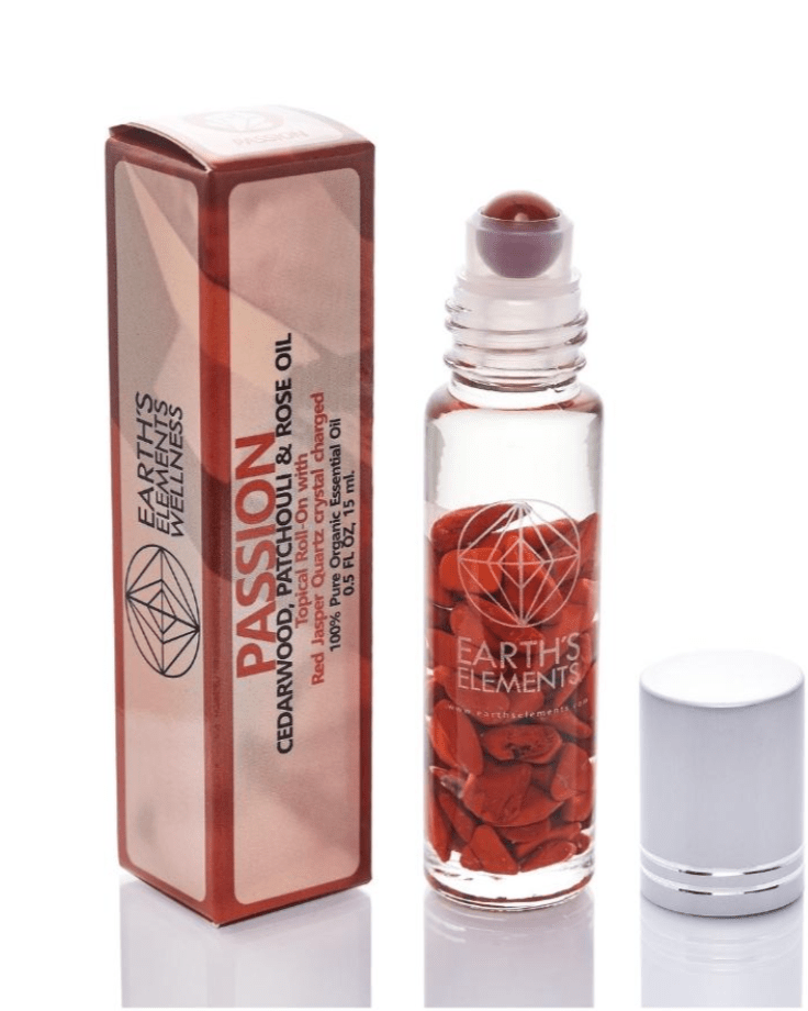 Passion Essential Oil Roll-on, infused with Cedarwood, Patchouli, and Red Jasper, helps reignite passion and confidence while promoting grounding energy