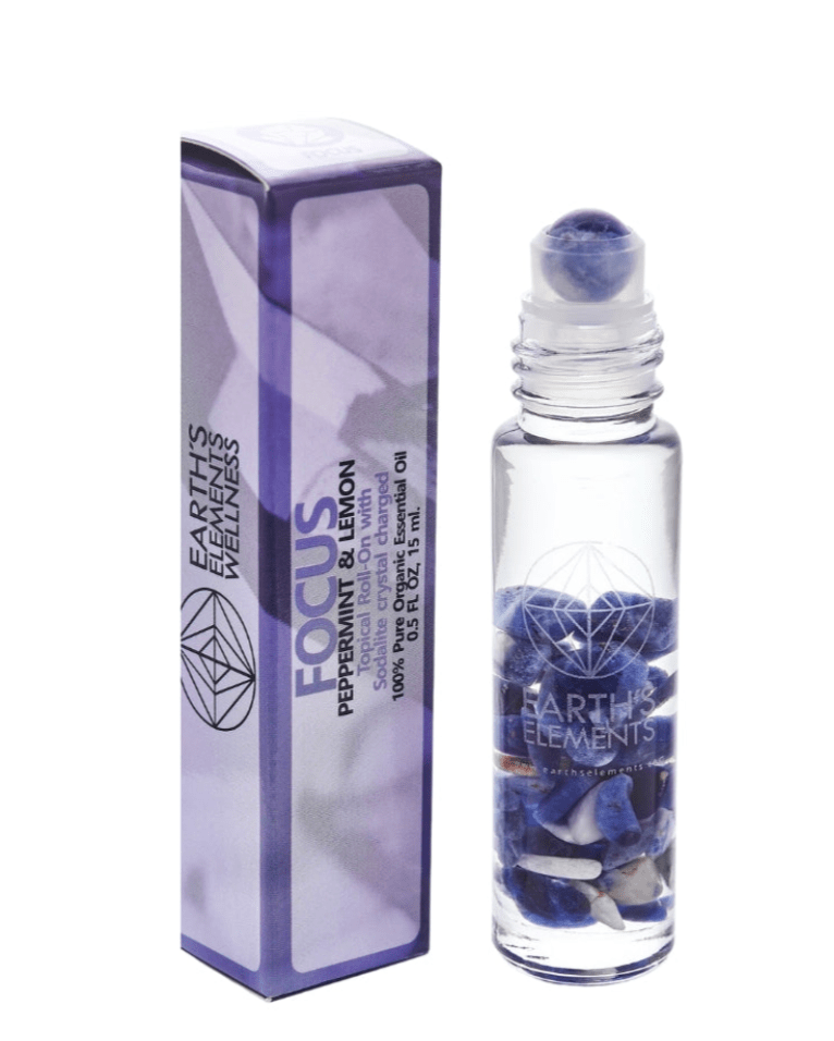 focus essential oil roll-on with peppermint, lemon, and sodalite gemstones, promotes clarity, inner peace, and mental harmony during stress