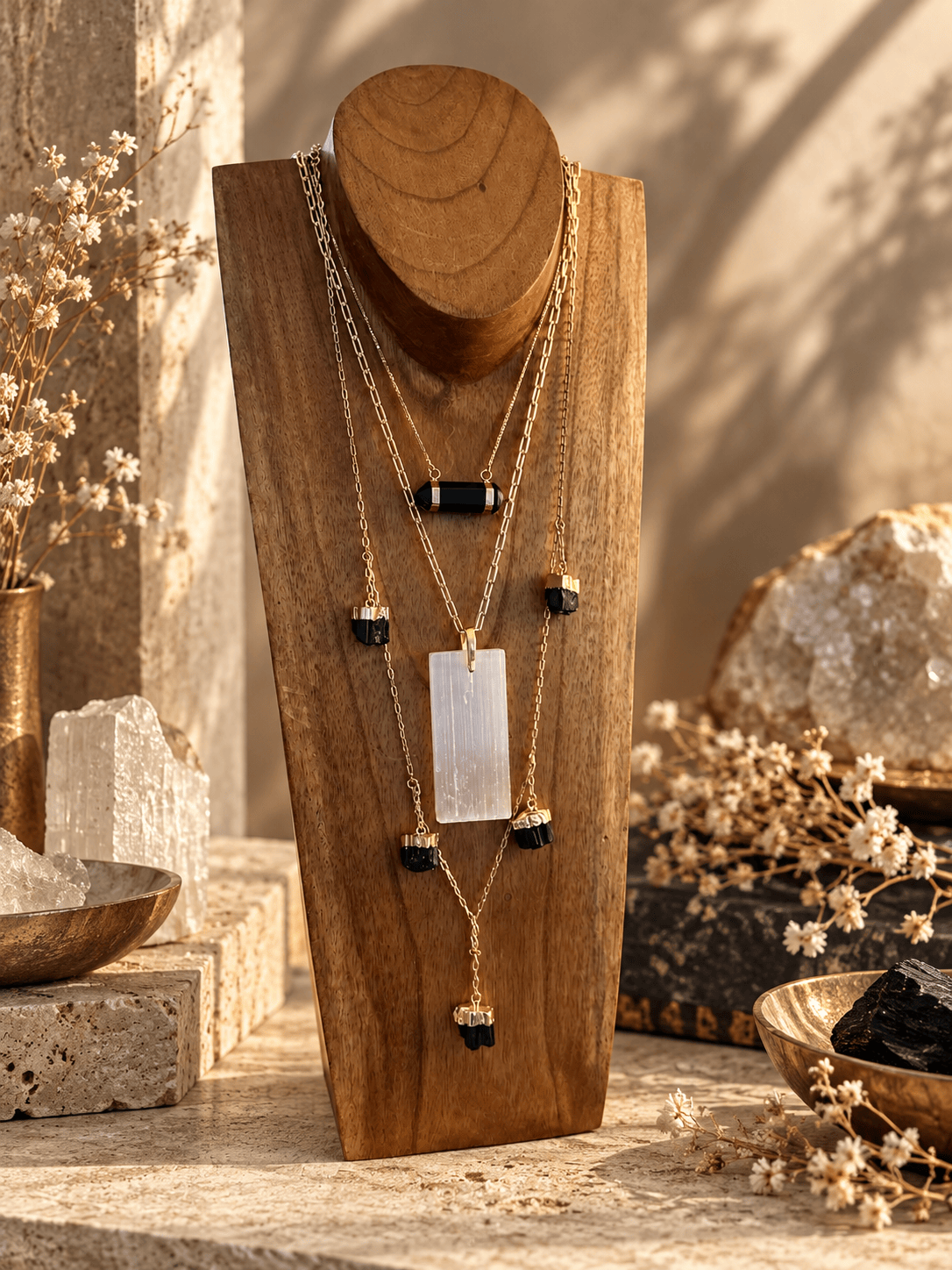 Selenite bar drop necklace layered with black tourmaline crystal necklaces on wooden jewelry display
