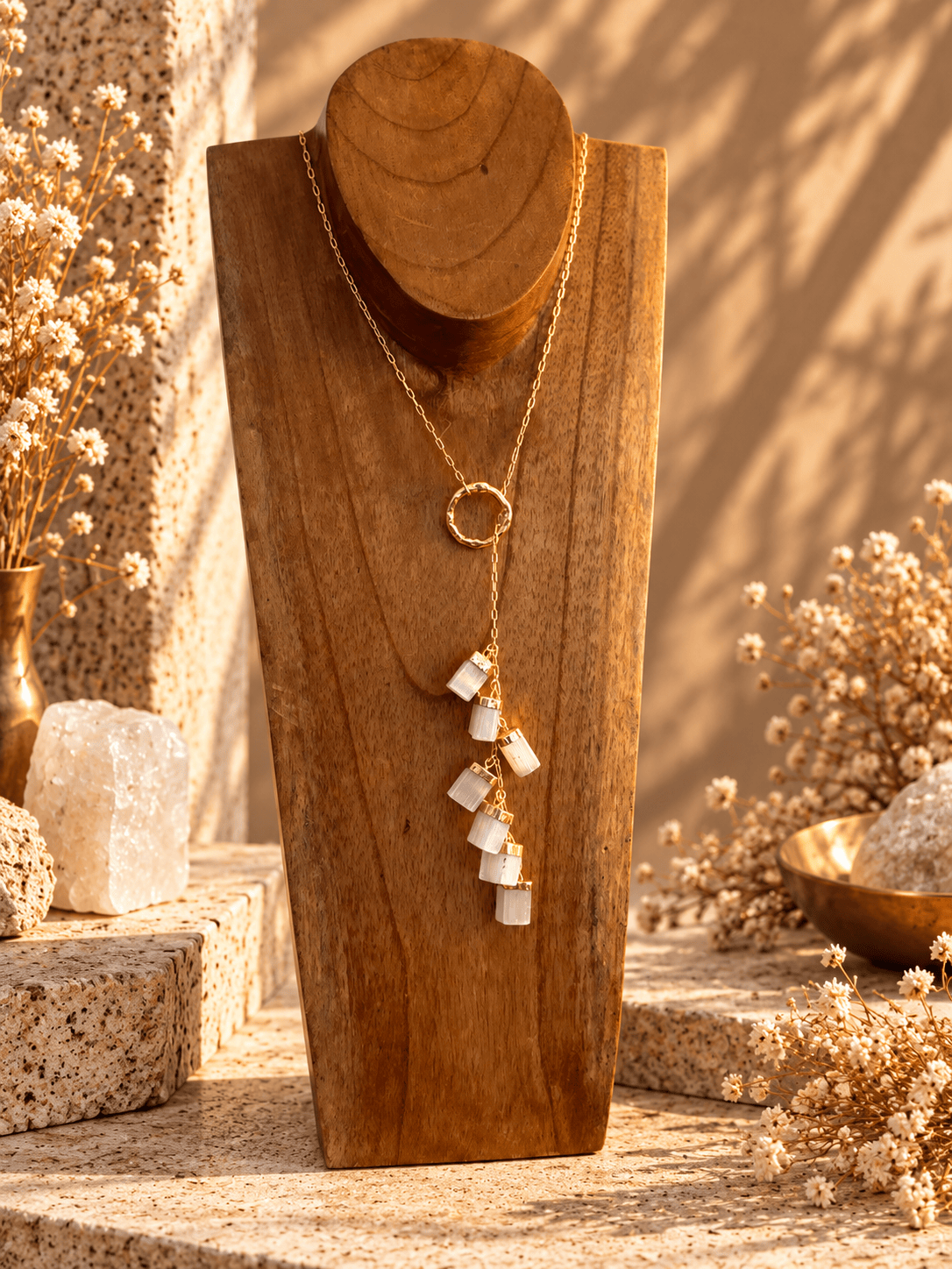 Seven-stone Selenite pull-through drop necklace with gold chain