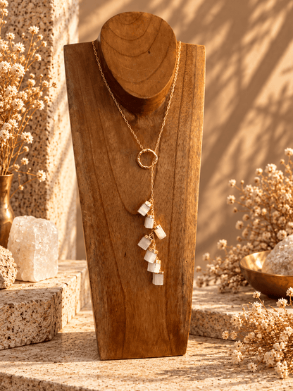 Seven-stone Selenite pull-through drop necklace with gold chain