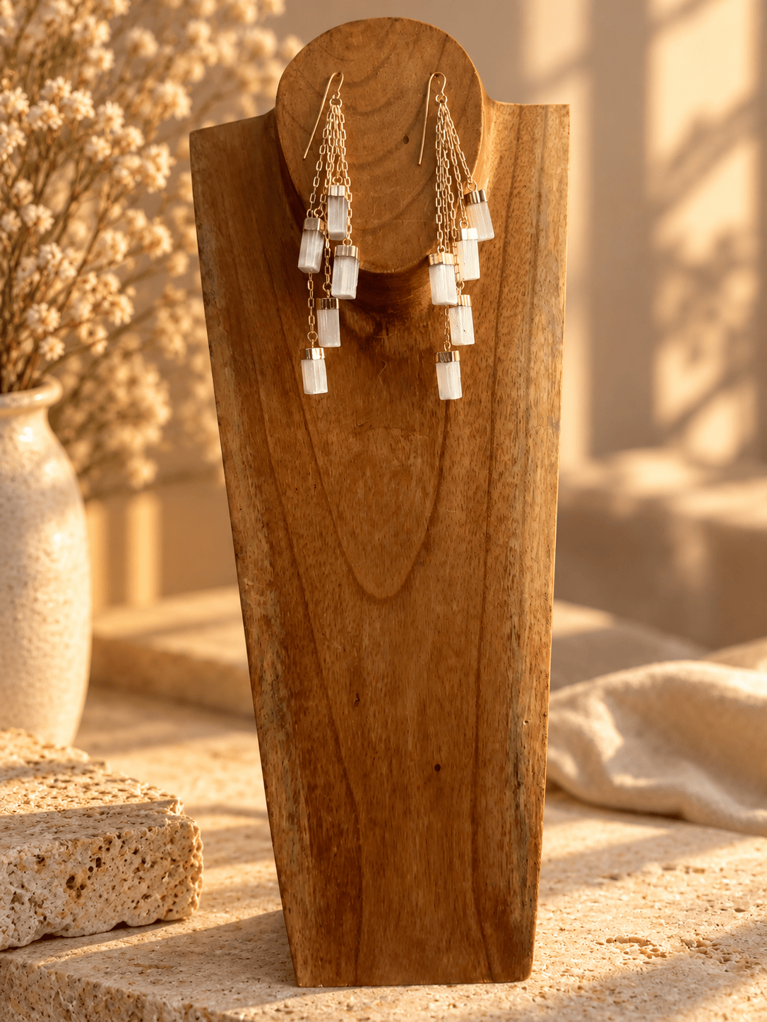 Five-stone Selenite crystal drop earrings with cascading gold chains