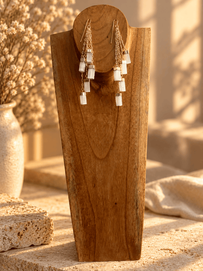 Five-stone Selenite crystal drop earrings with cascading gold chains