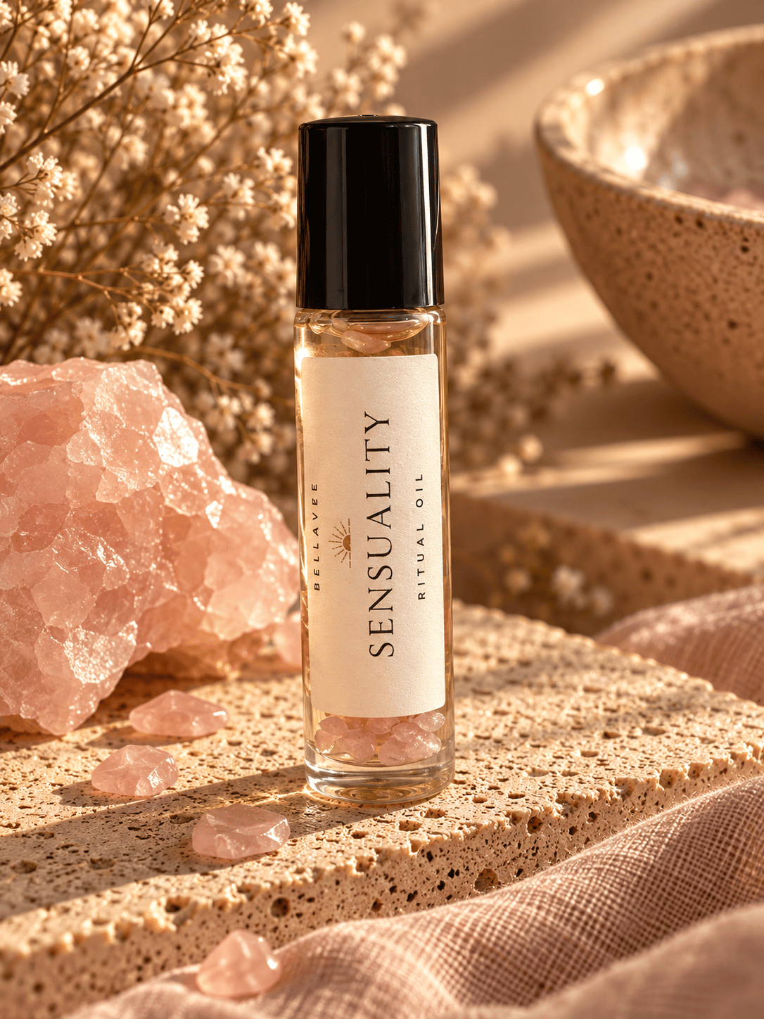 BellaVee SENSUALITY Ritual Oil roll-on with rose quartz chips, displayed upright on natural stone with warm golden lighting and soft botanical accents.
