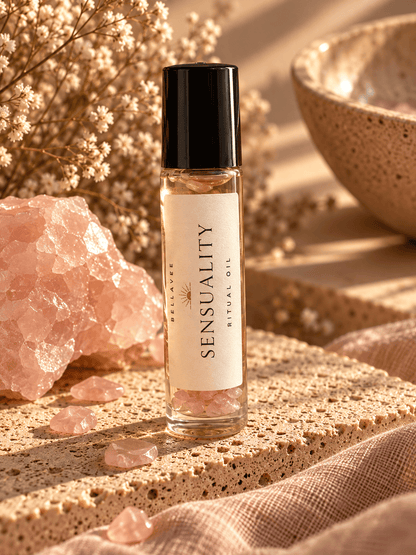 BellaVee SENSUALITY Ritual Oil roll-on with rose quartz chips, displayed upright on natural stone with warm golden lighting and soft botanical accents.